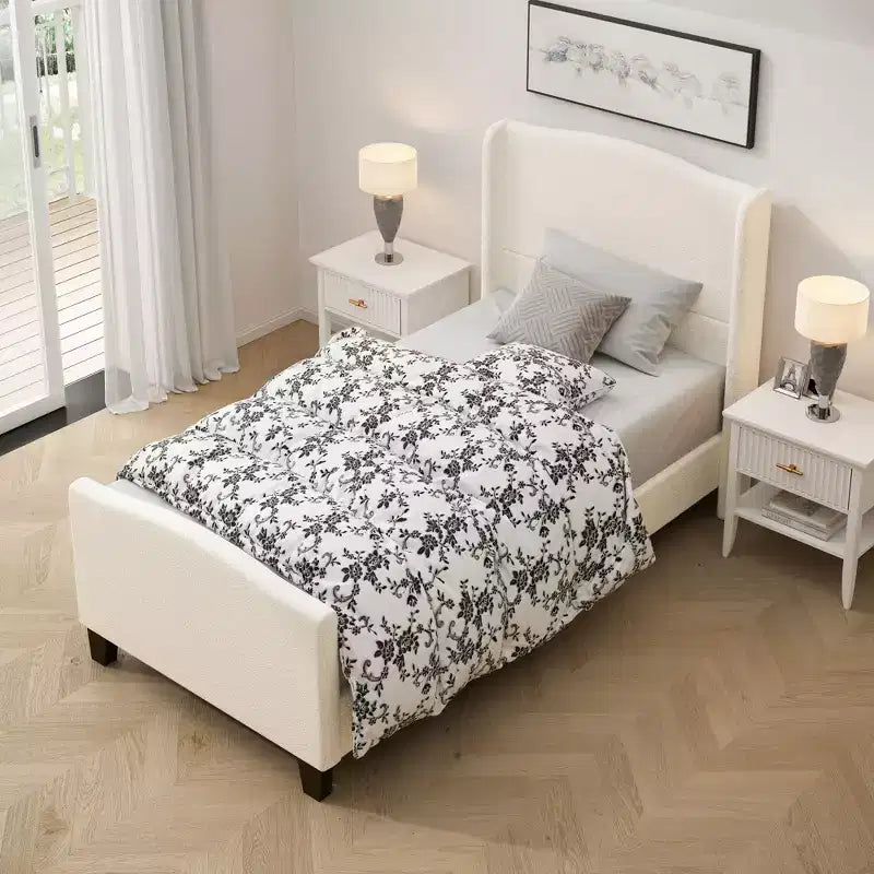 Cadre de lit plateforme Okak de toutes tailles en bois à dossier haut avec tête de lit capitonnée en Teddy, lit moderne et moelleux sans sommier tapissier requis