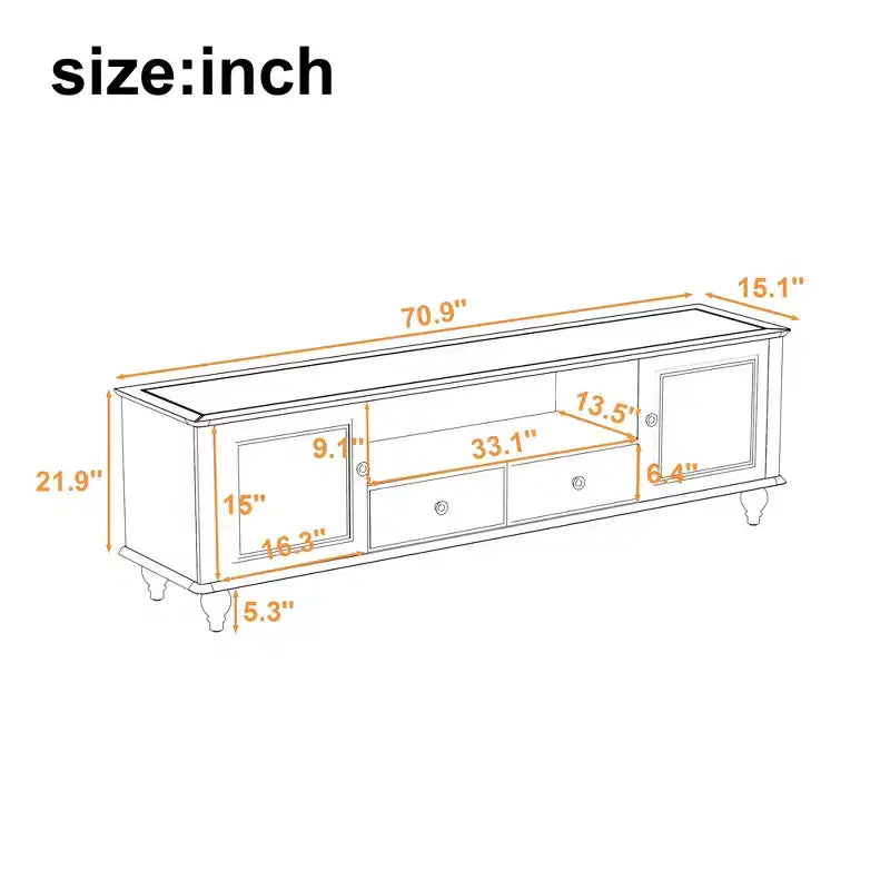 Meuble TV Bestier 70,9 pouces pour téléviseurs jusqu'à 80 pouces avec compartiment ouvert, meuble de rangement TV avec 2 tiroirs, 5 pieds solides pour salon
