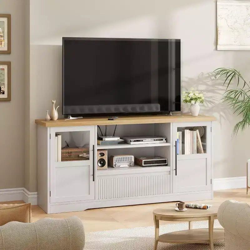 Meuble TV CuisinSmart Retro pour téléviseurs jusqu'à 75'', Console TV style ferme avec 2 portes vitrées et étagères ouvertes, pour salon et chambre