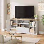 Meuble TV CuisinSmart Retro pour téléviseurs jusqu'à 75'', Console TV style ferme avec 2 portes vitrées et étagères ouvertes, pour salon et chambre