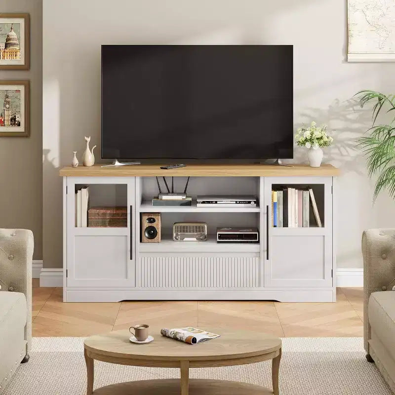 Meuble TV CuisinSmart Retro pour téléviseurs jusqu'à 75'', Console TV style ferme avec 2 portes vitrées et étagères ouvertes, pour salon et chambre