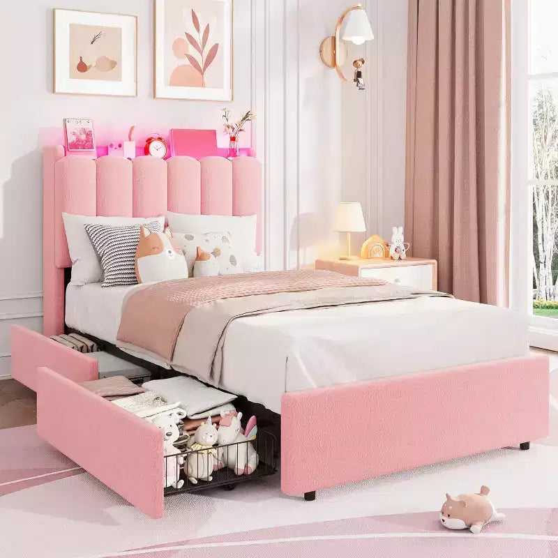 COZONY Twin Bed Frame with Storage Headboard, Boucle Upholstered Platform Bed with 2 Drawers, No Box Spring Needed