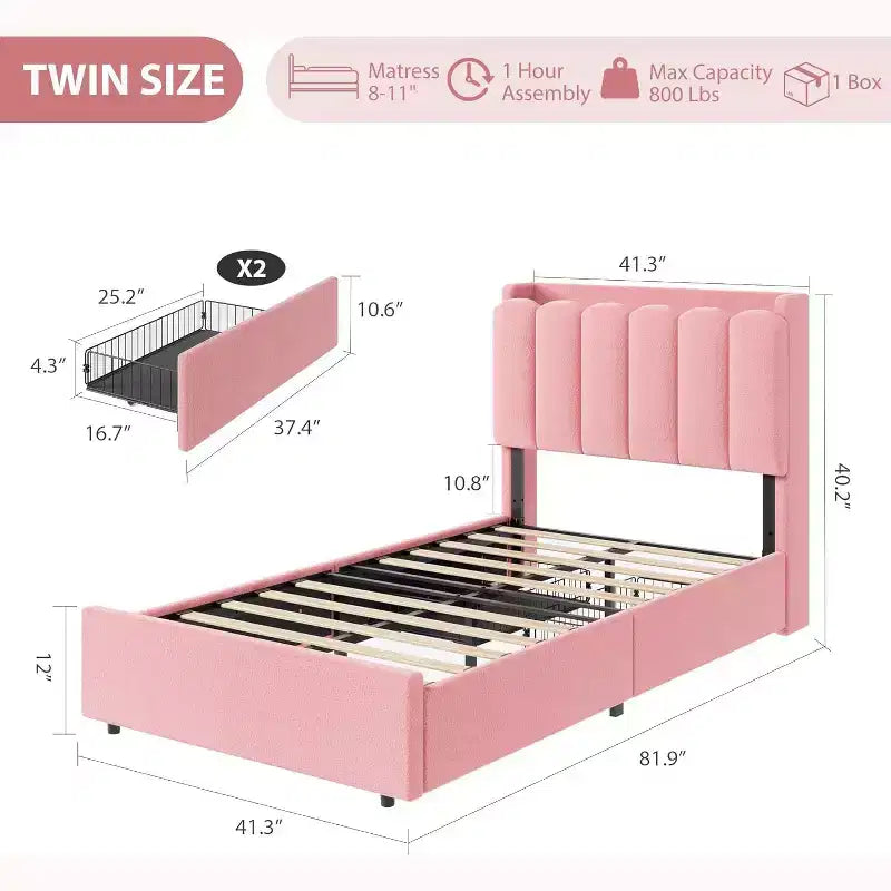 Cadre de lit double COZONY avec tête de lit de rangement, lit plateforme rembourré en tissu bouclé avec 2 tiroirs, sommier tapissier non nécessaire