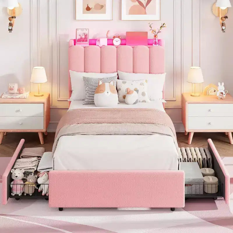 Cadre de lit double COZONY avec tête de lit de rangement, lit plateforme rembourré en tissu bouclé avec 2 tiroirs, sommier tapissier non nécessaire