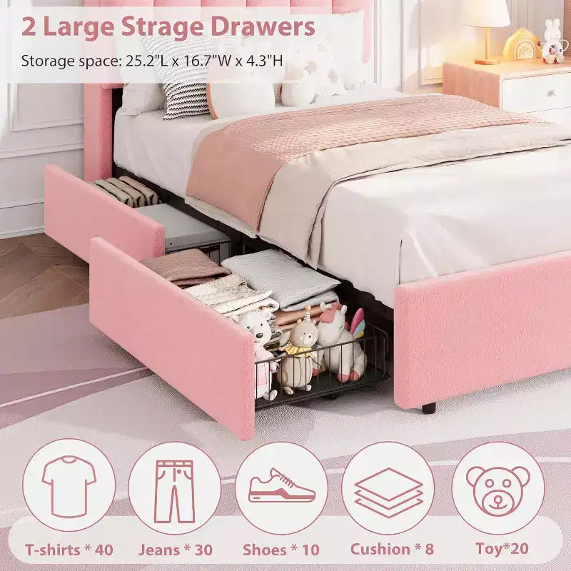 Cadre de lit double COZONY avec tête de lit de rangement, lit plateforme rembourré en tissu bouclé avec 2 tiroirs, sommier tapissier non nécessaire
