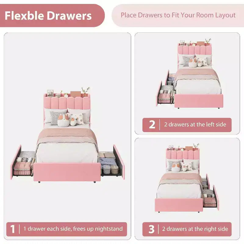 Cadre de lit double COZONY avec tête de lit de rangement, lit plateforme rembourré en tissu bouclé avec 2 tiroirs, sommier tapissier non nécessaire