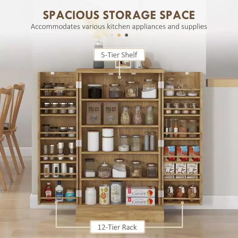 Meuble de cuisine autoportant, Armoire de rangement de cuisine avec étagère à 5 niveaux, 12 casiers à épices, Étagères réglables