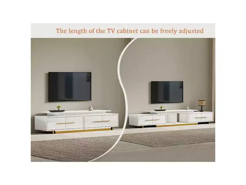 JVNOXK Meuble TV extensible 63,4-94,5 pour téléviseurs jusqu'à 100, console média moderne du milieu du siècle avec finition noyer, base en acier inoxydable pour salon