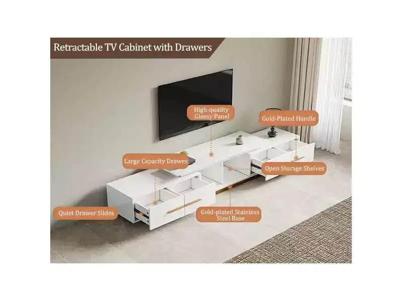 JVNOXK Meuble TV extensible 63,4-94,5 pour téléviseurs jusqu'à 100, console média moderne du milieu du siècle avec finition noyer, base en acier inoxydable pour salon