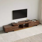 JVNOXK Meuble TV extensible 63,4-94,5 pour téléviseurs jusqu'à 100, console média moderne du milieu du siècle avec finition noyer, base en acier inoxydable pour salon