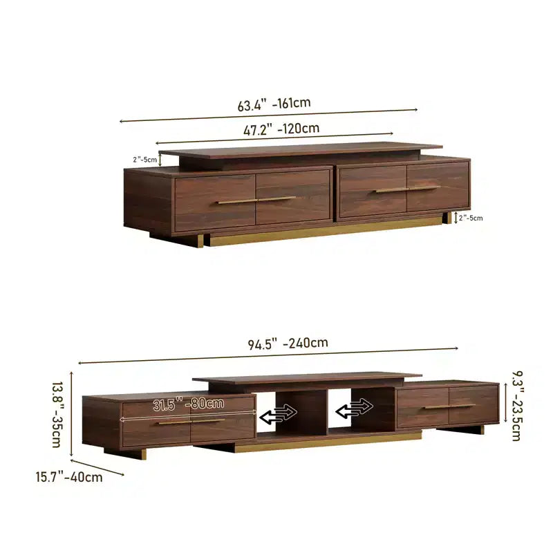 JVNOXK Meuble TV extensible 63,4-94,5 pour téléviseurs jusqu'à 100, console média moderne du milieu du siècle avec finition noyer, base en acier inoxydable pour salon
