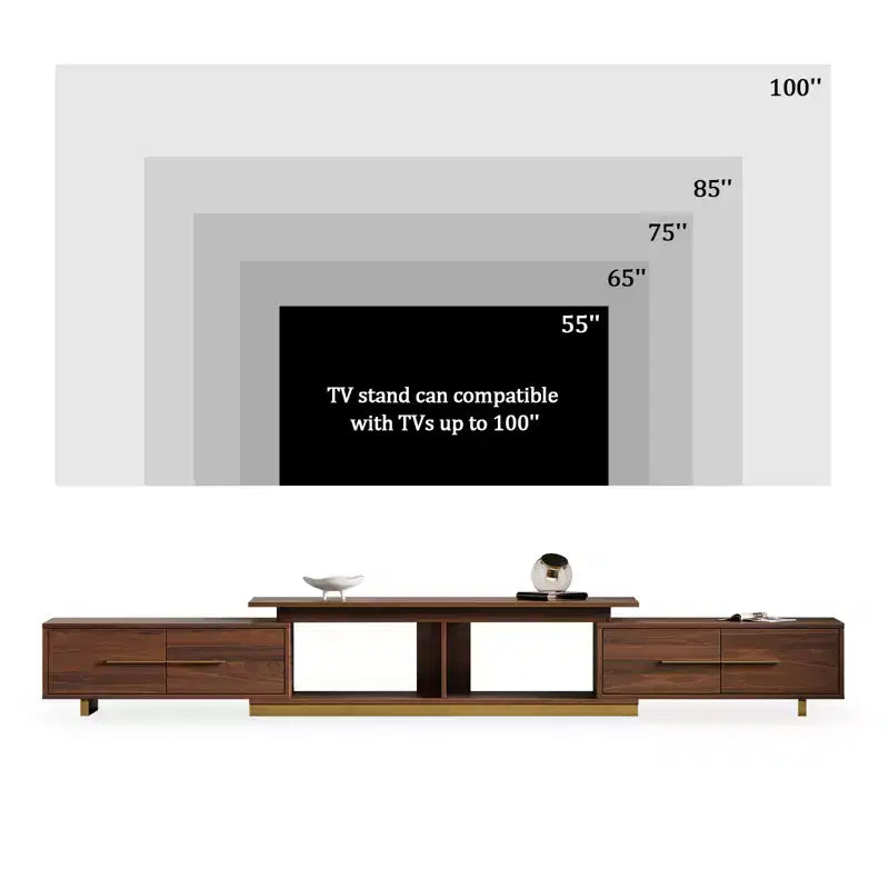 JVNOXK Meuble TV extensible 63,4-94,5 pour téléviseurs jusqu'à 100, console média moderne du milieu du siècle avec finition noyer, base en acier inoxydable pour salon