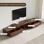 JVNOXK Meuble TV extensible 63,4-94,5 pour téléviseurs jusqu'à 100, console média moderne du milieu du siècle avec finition noyer, base en acier inoxydable pour salon