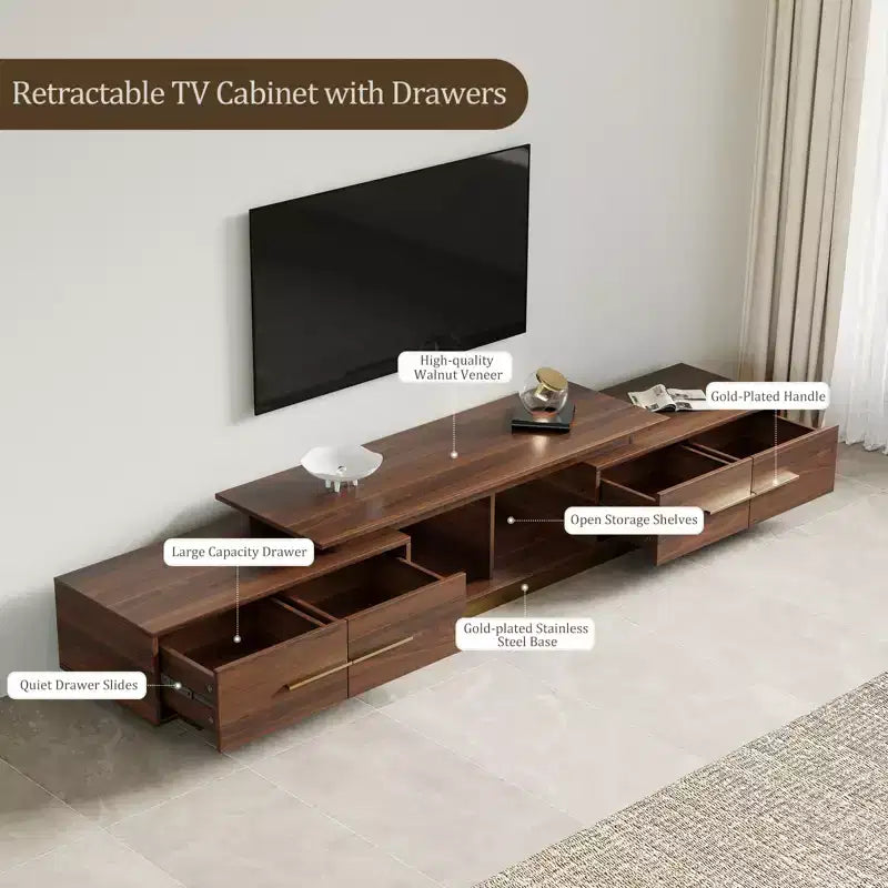 JVNOXK Meuble TV extensible 63,4-94,5 pour téléviseurs jusqu'à 100, console média moderne du milieu du siècle avec finition noyer, base en acier inoxydable pour salon