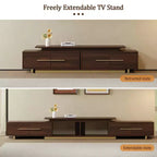 JVNOXK Meuble TV extensible 63,4-94,5 pour téléviseurs jusqu'à 100, console média moderne du milieu du siècle avec finition noyer, base en acier inoxydable pour salon
