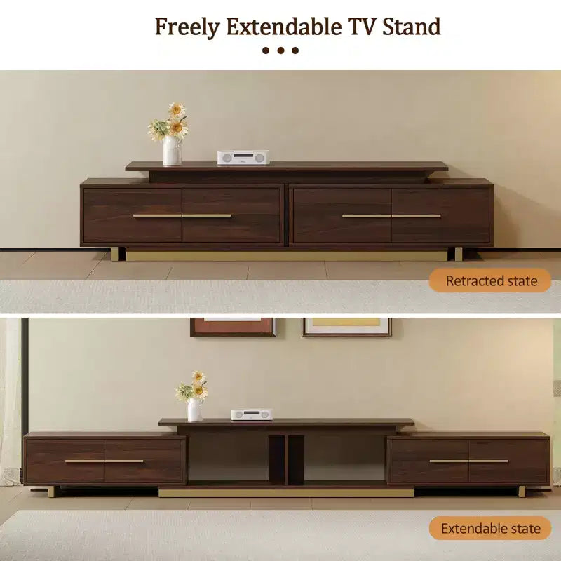 JVNOXK Meuble TV extensible 63,4-94,5 pour téléviseurs jusqu'à 100, console média moderne du milieu du siècle avec finition noyer, base en acier inoxydable pour salon