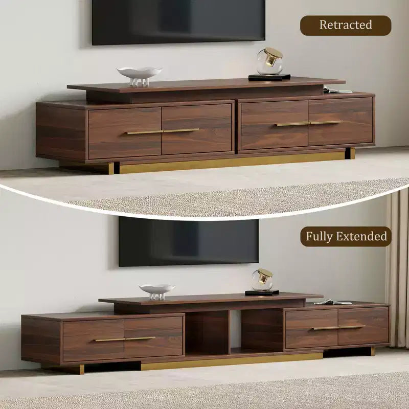 JVNOXK Meuble TV extensible 63,4-94,5 pour téléviseurs jusqu'à 100, console média moderne du milieu du siècle avec finition noyer, base en acier inoxydable pour salon