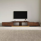 JVNOXK Meuble TV extensible 63,4-94,5 pour téléviseurs jusqu'à 100, console média moderne du milieu du siècle avec finition noyer, base en acier inoxydable pour salon