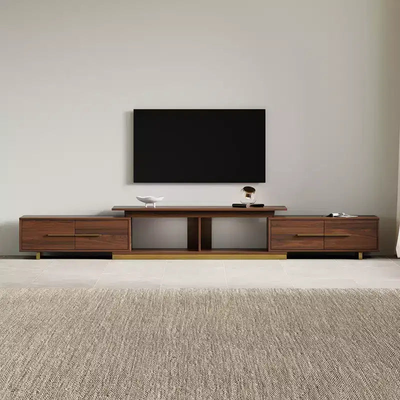 JVNOXK Meuble TV extensible 63,4-94,5 pour téléviseurs jusqu'à 100, console média moderne du milieu du siècle avec finition noyer, base en acier inoxydable pour salon