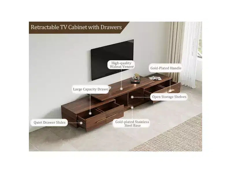 JVNOXK Meuble TV extensible 63,4-94,5 pour téléviseurs jusqu'à 100, console média moderne du milieu du siècle avec finition noyer, base en acier inoxydable pour salon