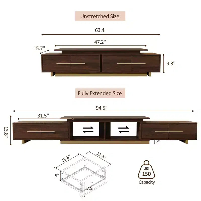 JVNOXK Meuble TV extensible 63,4-94,5 pour téléviseurs jusqu'à 100, console média moderne du milieu du siècle avec finition noyer, base en acier inoxydable pour salon
