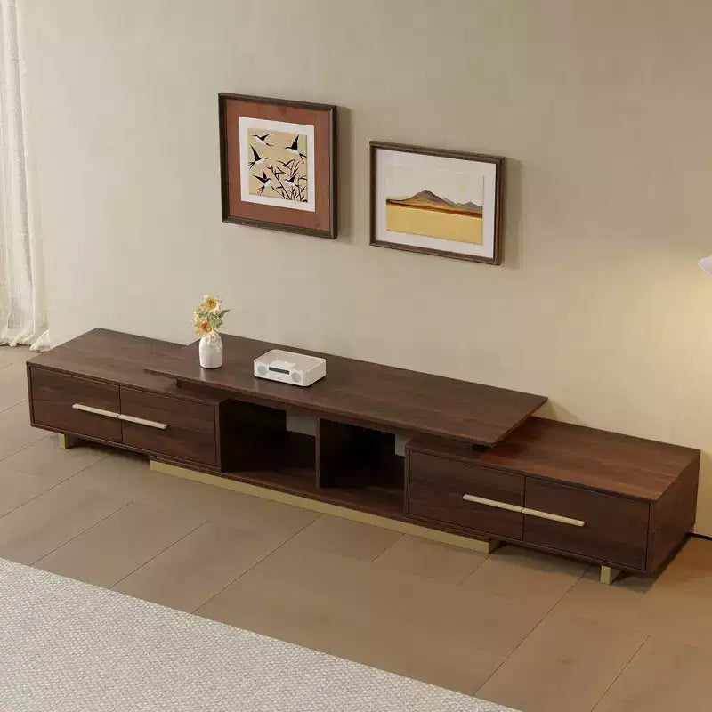 JVNOXK Meuble TV extensible 63,4-94,5 pour téléviseurs jusqu'à 100, console média moderne du milieu du siècle avec finition noyer, base en acier inoxydable pour salon