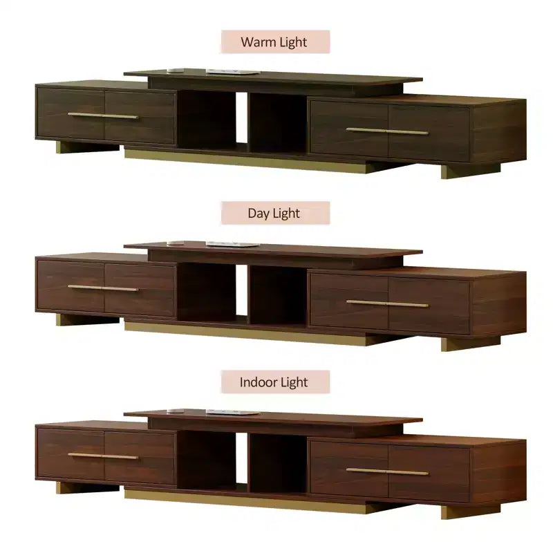 JVNOXK Meuble TV extensible 63,4-94,5 pour téléviseurs jusqu'à 100, console média moderne du milieu du siècle avec finition noyer, base en acier inoxydable pour salon