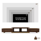 JVNOXK Meuble TV extensible 63,4-94,5 pour téléviseurs jusqu'à 100, console média moderne du milieu du siècle avec finition noyer, base en acier inoxydable pour salon