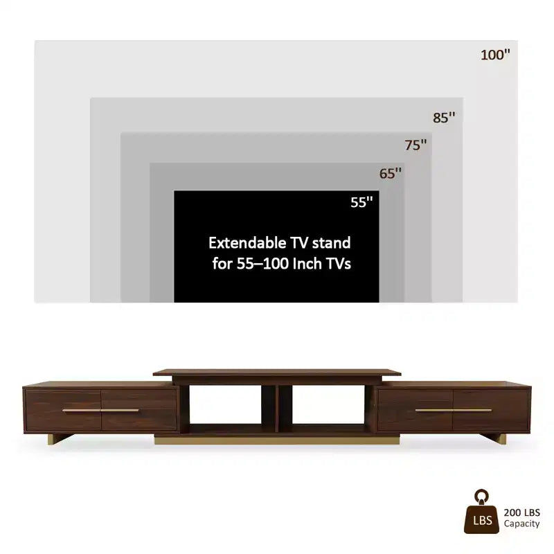 JVNOXK Meuble TV extensible 63,4-94,5 pour téléviseurs jusqu'à 100, console média moderne du milieu du siècle avec finition noyer, base en acier inoxydable pour salon