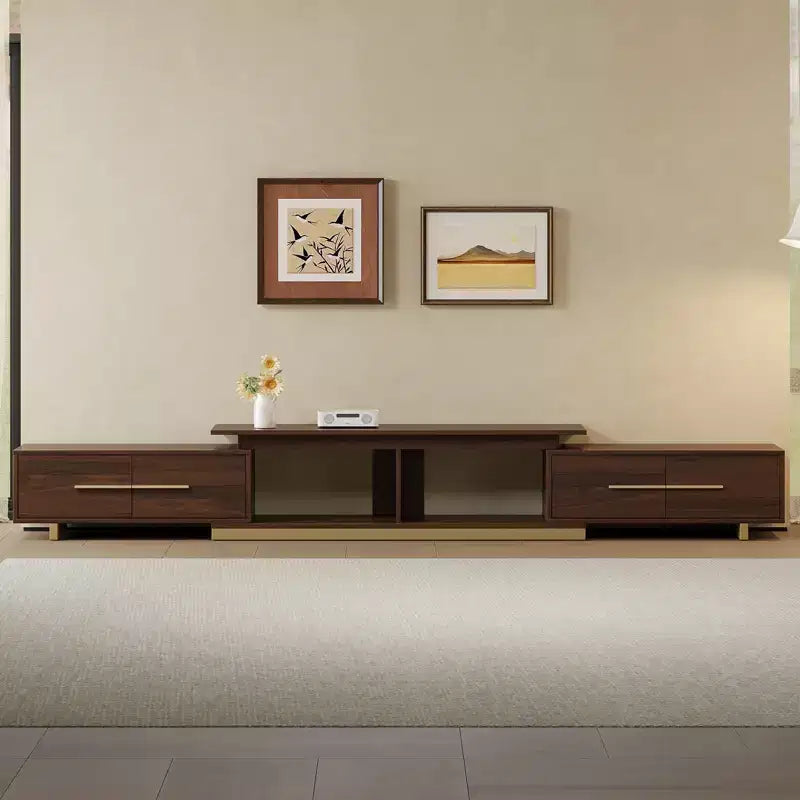 JVNOXK Meuble TV extensible 63,4-94,5 pour téléviseurs jusqu'à 100, console média moderne du milieu du siècle avec finition noyer, base en acier inoxydable pour salon
