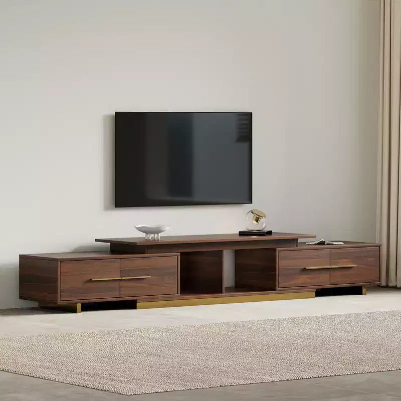 JVNOXK Meuble TV extensible 63,4-94,5 pour téléviseurs jusqu'à 100, console média moderne du milieu du siècle avec finition noyer, base en acier inoxydable pour salon