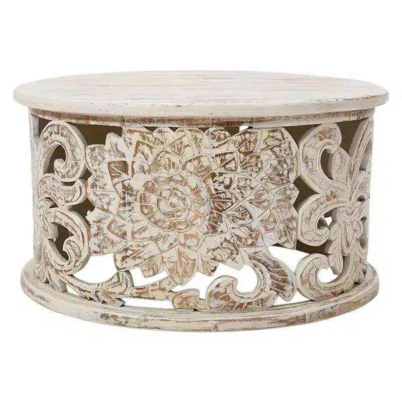 Table Basse Royal Hampton Alina, Bois de Mangue Sculpté à la Main, Motif Floral Découpé, Finition Blanc Vieilli, 33 Pouces