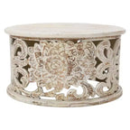 Table Basse Royal Hampton Alina, Bois de Mangue Sculpté à la Main, Motif Floral Découpé, Finition Blanc Vieilli, 33 Pouces