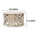 Table Basse Royal Hampton Alina, Bois de Mangue Sculpté à la Main, Motif Floral Découpé, Finition Blanc Vieilli, 33 Pouces