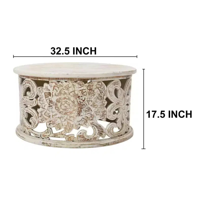 Table Basse Royal Hampton Alina, Bois de Mangue Sculpté à la Main, Motif Floral Découpé, Finition Blanc Vieilli, 33 Pouces