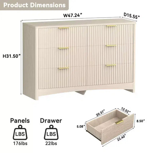 Commode en bois à 6 tiroirs, solution de rangement moderne pour les chambres, les salons et les couloirs, offrant une grande capacité et une élégante finition en bois naturel
