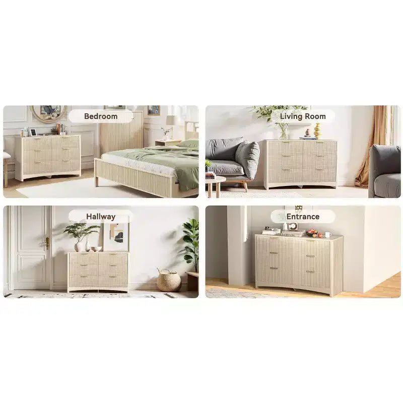 Commode en bois à 6 tiroirs, solution de rangement moderne pour les chambres, les salons et les couloirs, offrant une grande capacité et une élégante finition en bois naturel