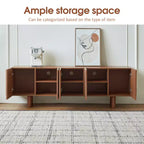 JVNOXK Meuble TV/Média filetée moderne de style Mid-Century de 70,9 pouces, convient aux téléviseurs jusqu'à 80 pouces, avec panneaux de porte encastrés et 4 armoires de rangement, Noyer