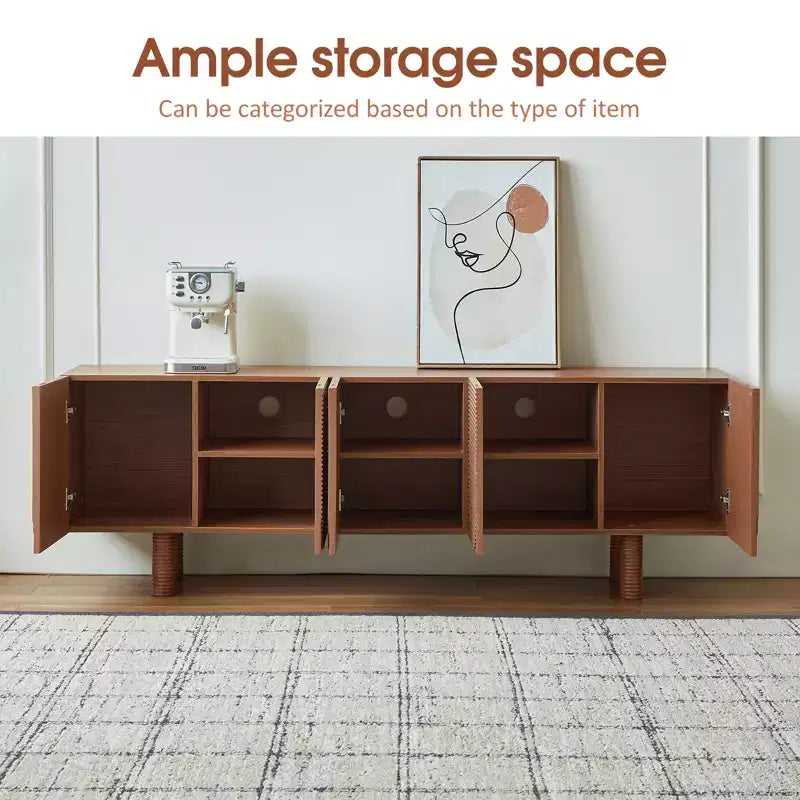 JVNOXK Meuble TV/Média filetée moderne de style Mid-Century de 70,9 pouces, convient aux téléviseurs jusqu'à 80 pouces, avec panneaux de porte encastrés et 4 armoires de rangement, Noyer