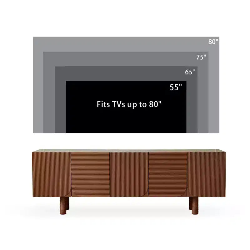 JVNOXK Meuble TV/Média filetée moderne de style Mid-Century de 70,9 pouces, convient aux téléviseurs jusqu'à 80 pouces, avec panneaux de porte encastrés et 4 armoires de rangement, Noyer