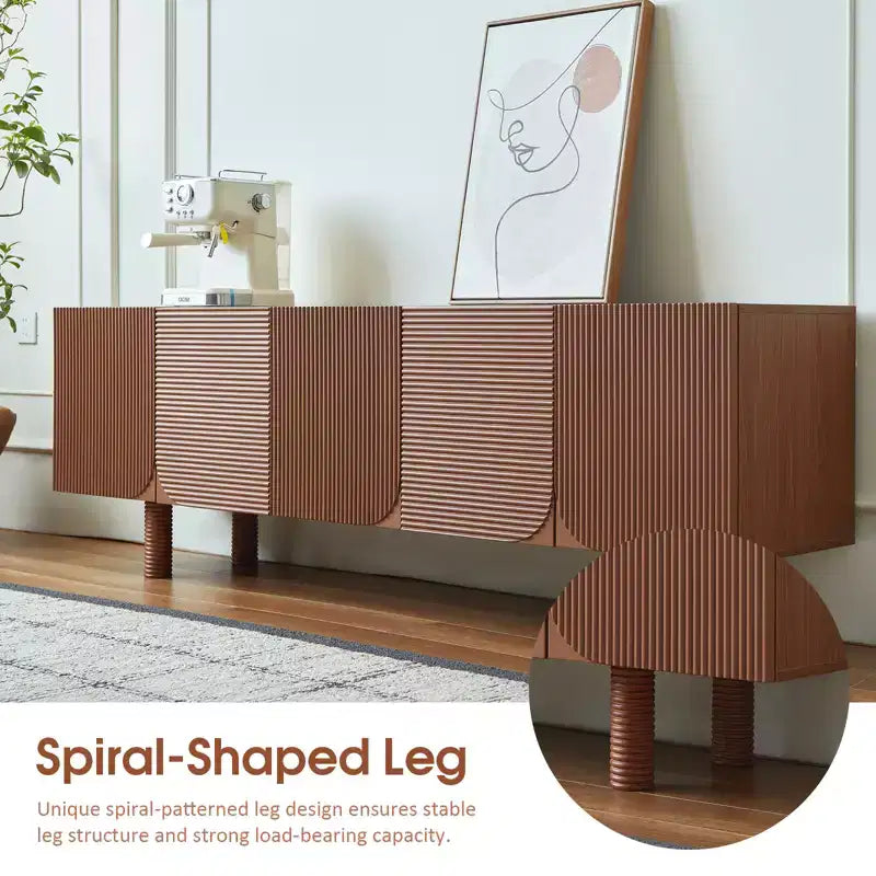 JVNOXK Meuble TV/Média filetée moderne de style Mid-Century de 70,9 pouces, convient aux téléviseurs jusqu'à 80 pouces, avec panneaux de porte encastrés et 4 armoires de rangement, Noyer