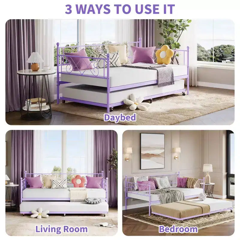 Lit de repos avec lit gigogne, lit gigogne simple avec tête de lit en forme de cœur pour salon, chambre à coucher, lit de repos robuste en métal avec support à lattes en acier, montage facile