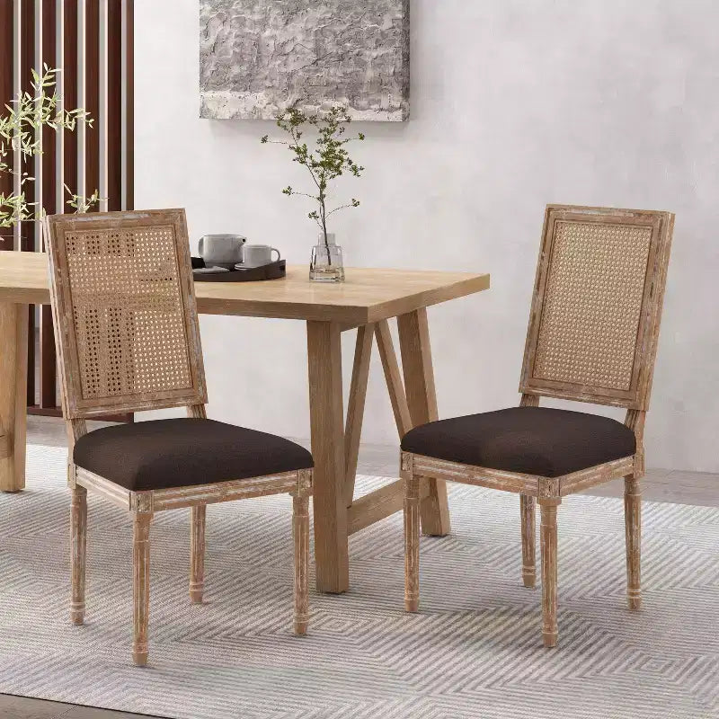 Chaises de salle à manger capitonnées Okak Vintage Style Campagne Française avec dossier en rotin, Lot de 2 chaises de cuisine rustiques patinées, Chaises de salon