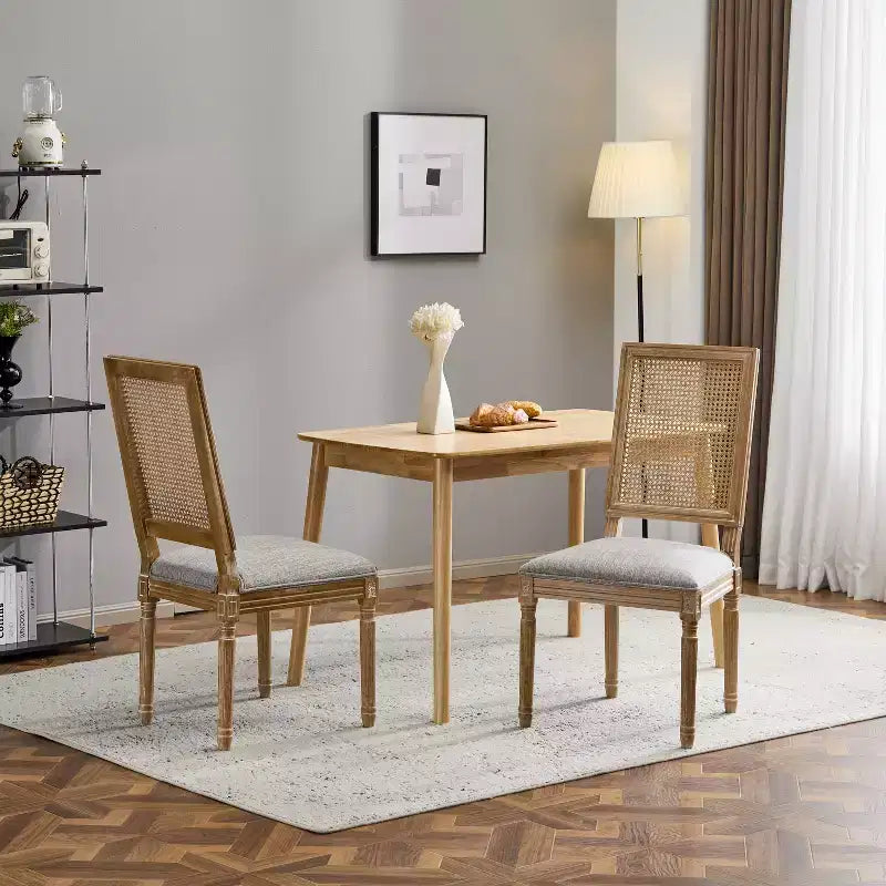 Chaises de salle à manger capitonnées Okak Vintage Style Campagne Française avec dossier en rotin, Lot de 2 chaises de cuisine rustiques patinées, Chaises de salon