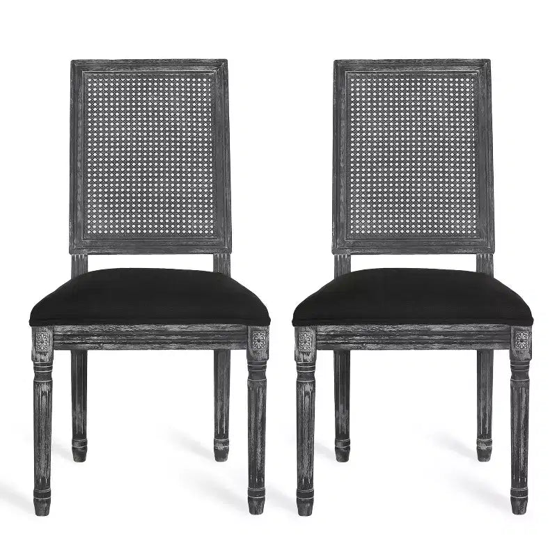 Chaises de salle à manger capitonnées Okak Vintage Style Campagne Française avec dossier en rotin, Lot de 2 chaises de cuisine rustiques patinées, Chaises de salon