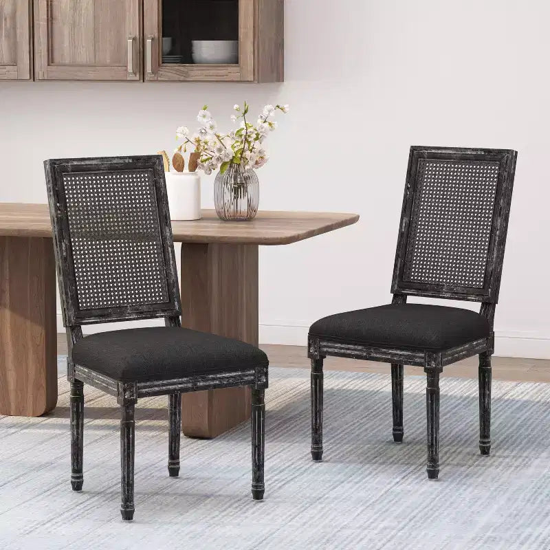Chaises de salle à manger capitonnées Okak Vintage Style Campagne Française avec dossier en rotin, Lot de 2 chaises de cuisine rustiques patinées, Chaises de salon