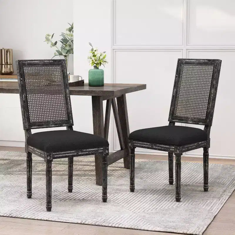 Okak Vintage French Country Upholstered Dining Chairs with Cane Back,Rustic Weathered Kitchen Chairs Set of 2,Living Room Chairs