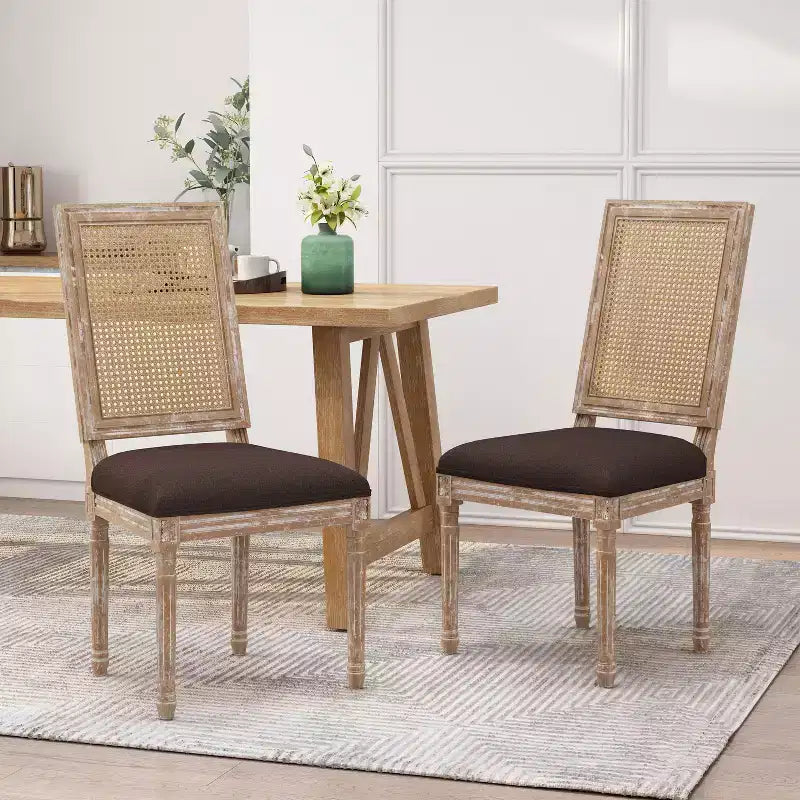 Chaises de salle à manger capitonnées Okak Vintage Style Campagne Française avec dossier en rotin, Lot de 2 chaises de cuisine rustiques patinées, Chaises de salon