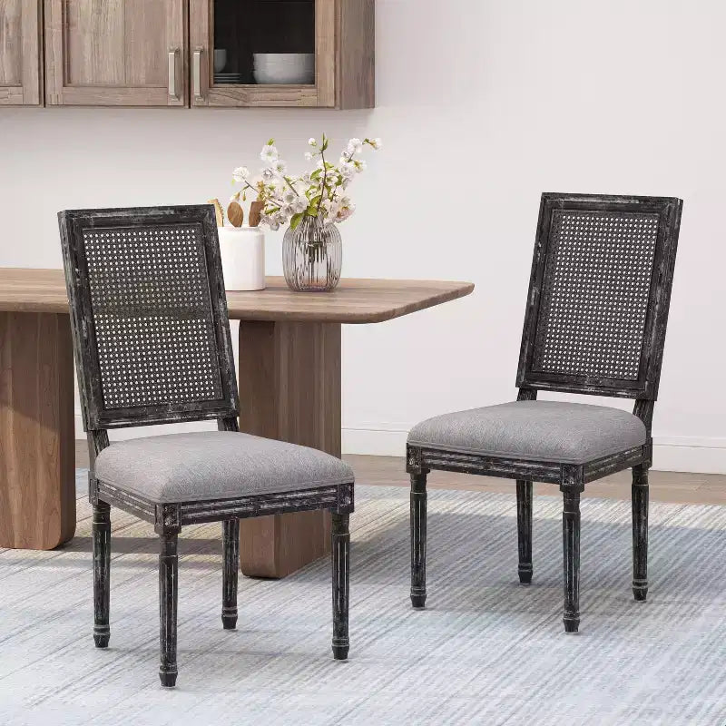 Chaises de salle à manger capitonnées Okak Vintage Style Campagne Française avec dossier en rotin, Lot de 2 chaises de cuisine rustiques patinées, Chaises de salon