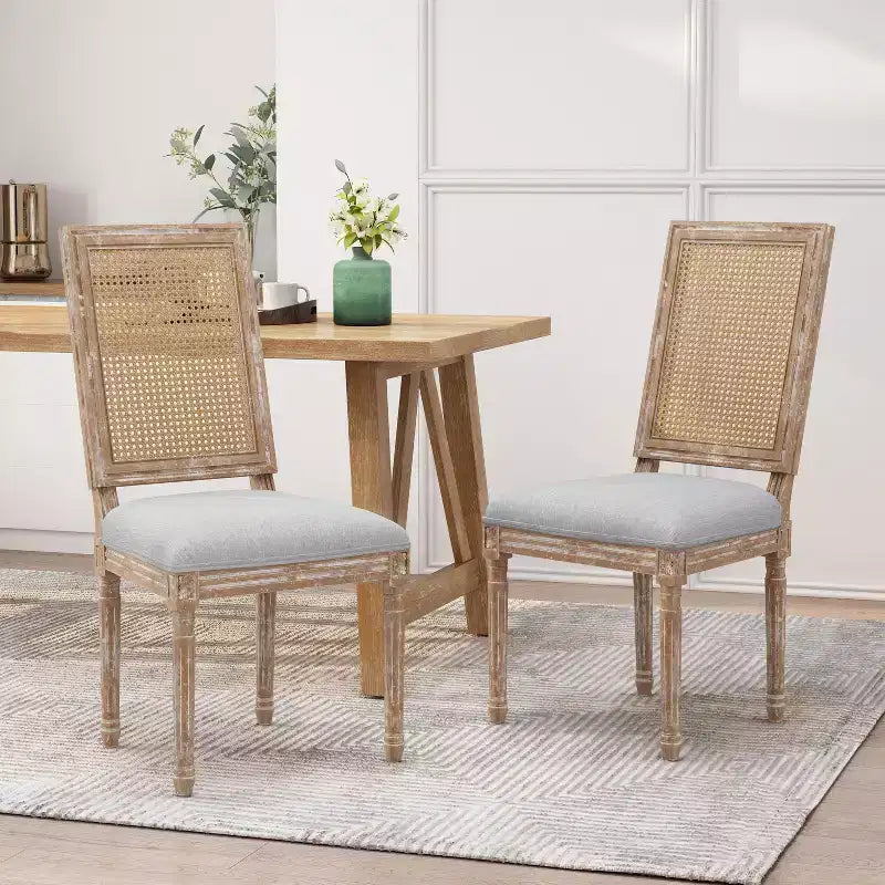 Chaises de salle à manger capitonnées Okak Vintage Style Campagne Française avec dossier en rotin, Lot de 2 chaises de cuisine rustiques patinées, Chaises de salon